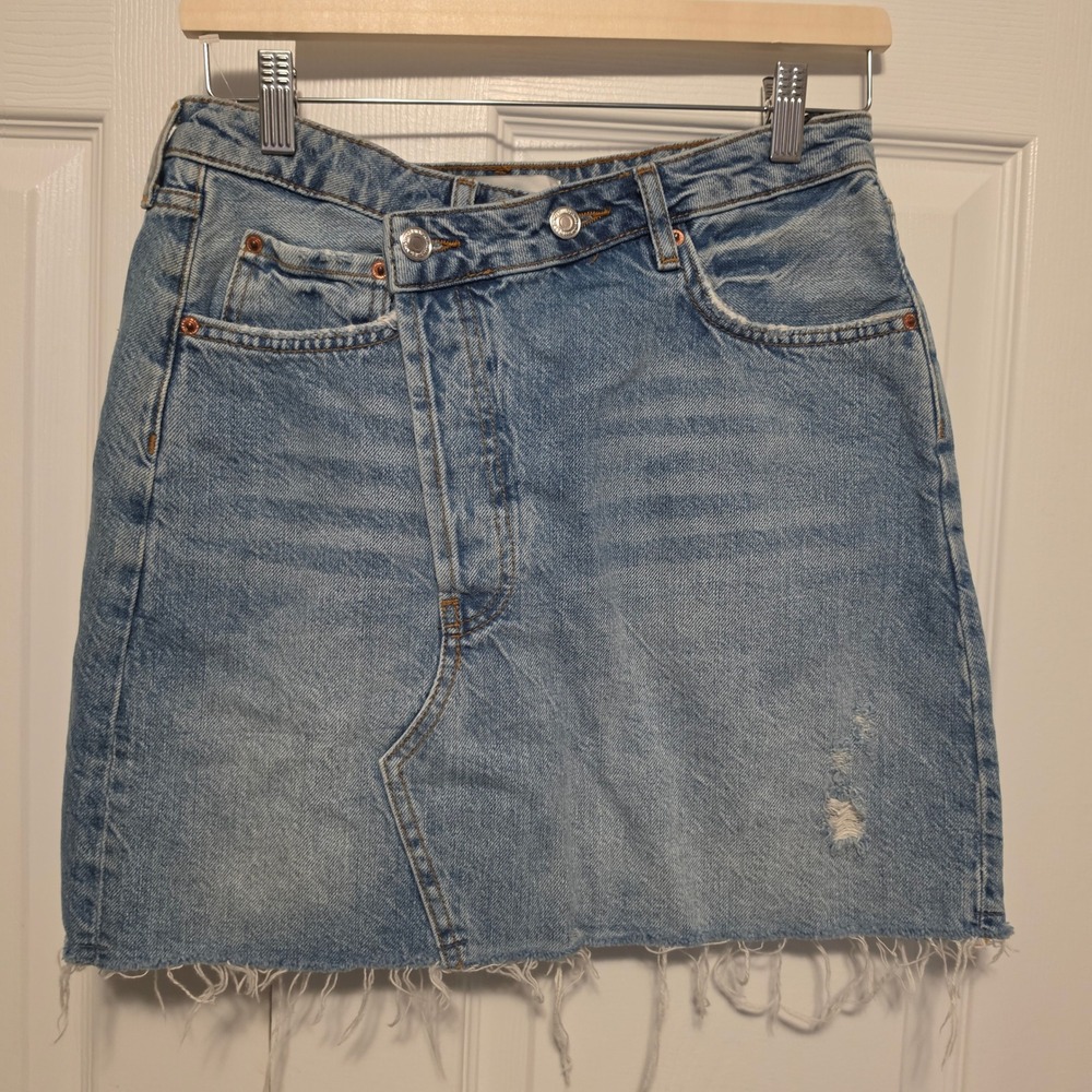 Zara Asymmetrical Crossover Waist Distressed Light Wash Denim Mini Skirt Size M